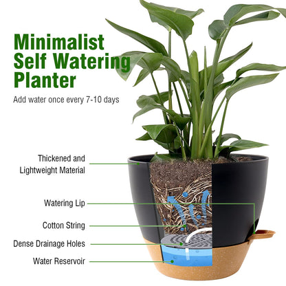 WSMKSZ 8 inch Self Watering Pots, 2 Pack Plastic Planters with Mesh Drainage Holes for Garden Plants and Flower, Plants Pots with Deep Reservoir for Indoor Outdoor Plants, Black with Brown