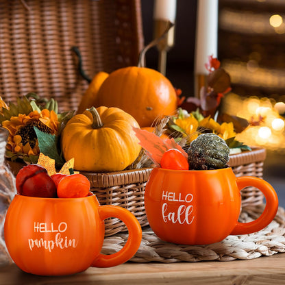 GlikCeil 2 Pcs Fall Pumpkin Mugs, Hello Fall Hello Pumpkin Coffee Cups for Tiered Tray 17 oz Thanksgiving Table Centerpieces Ceramic Mugs Drinking Cup for Autumn Harvest Wedding Birthday Gift
