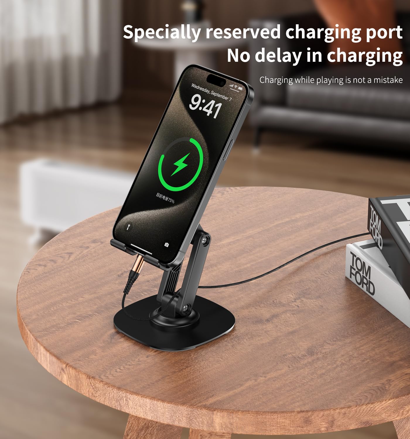 CXTX 360° Rotating Cell Phone Stand for Desk, Adjustable & Foldable Phone Holder, Aluminum Desktop Phone Stand with Anti-Slip Base, Compatible with iPhone, iPad, Android Phones, K69-Black
