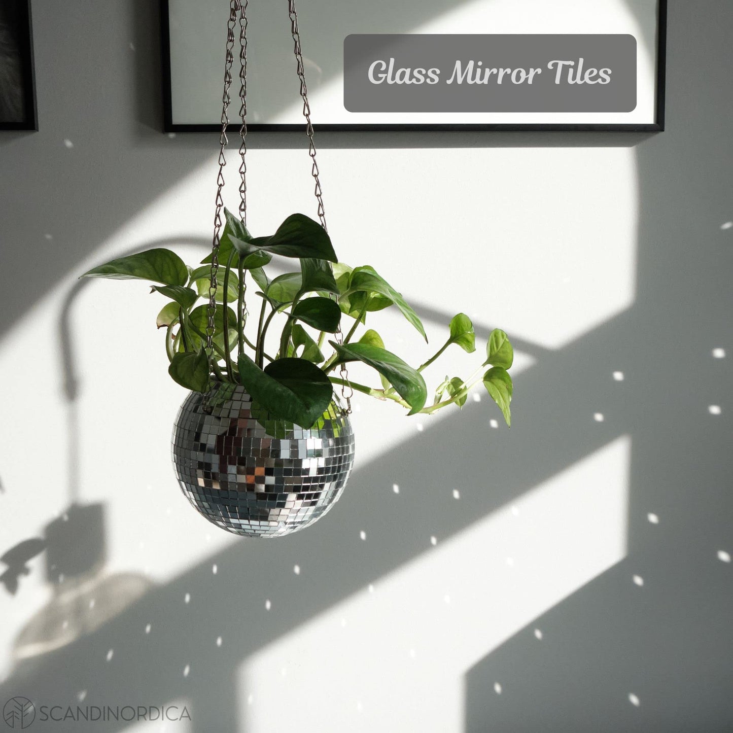 SCANDINORDICA Disco Ball Planter 6" Silver with Chain and Macrame Hanger and Disco Ball Planter Pot 4.3" with Saucer (0.2x0.2 mirror tiles)