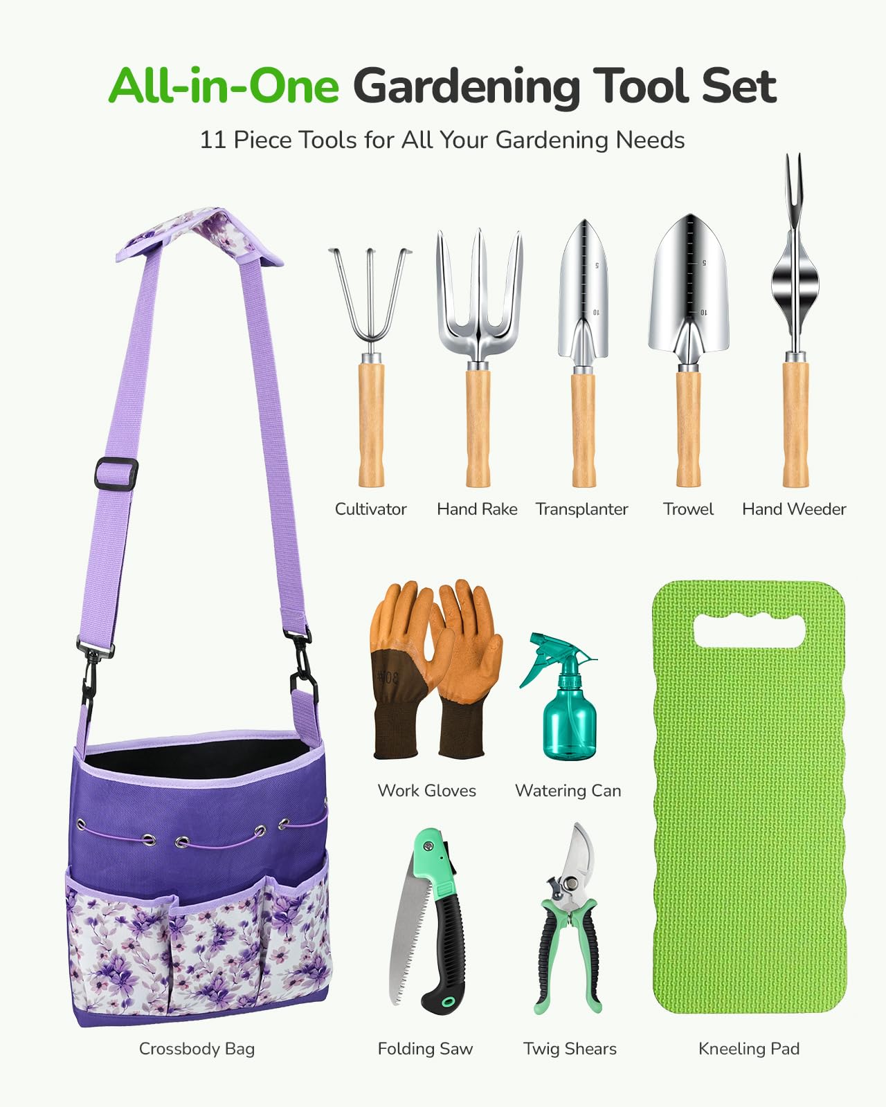 All-in-One Garden Tool Set, 11-Piece Heavy Duty Gardening Tools with Ergonomic Canvas Shoulder Crossbody Bag, Rust-Proof Premium Garden Tool Kit, Gardening Gift for Women Men (Purple)