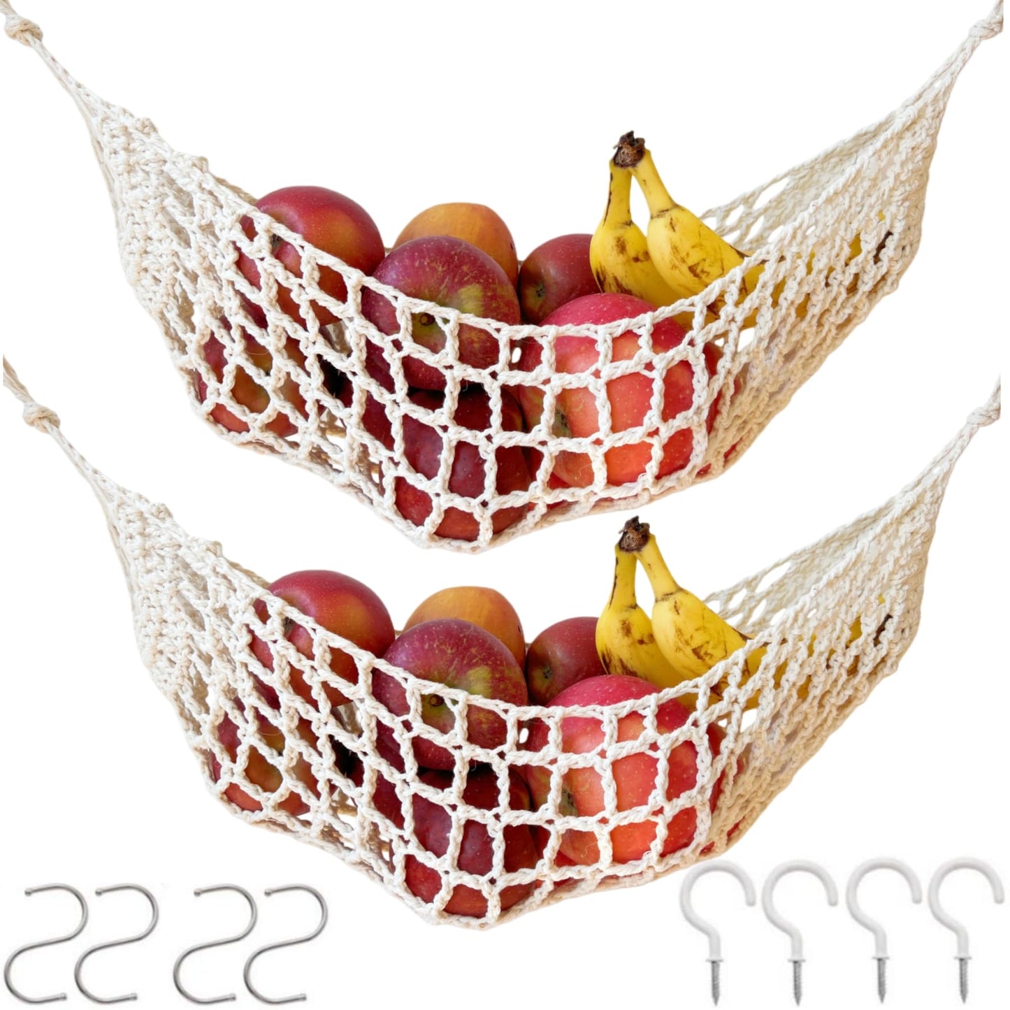 Tullace 2-Pack Hanging Fruit Hammock with Hooks - Macrame Under Cabinet Veggie Banana Basket, Hand-Woven Boho Fruit Holder, Save Counter Space for Kitchen Home RV Boat (Ivory)