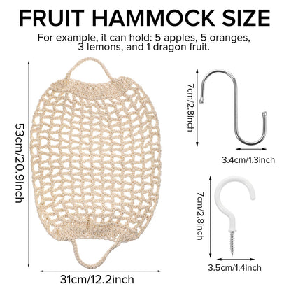 Hanging Fruit Hammock with Hooks Under Cabinet Macrame Basket for Kitchen Hand-Woven Boho Fruit Holder Net Organization Banana Basket for Home Dining Room Cabinet Decor Boat Camper Rv