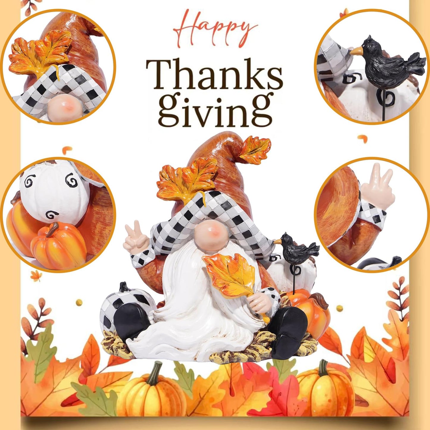 Hodao Fall Thanksgiving Gnome Figurines with Pumpkin, Maple Leaf & Red Bird - 6" Resin Handmade Gnome for Fall Autumn Decorations - Perfect Thanksgiving Home Decor & Gift Idea