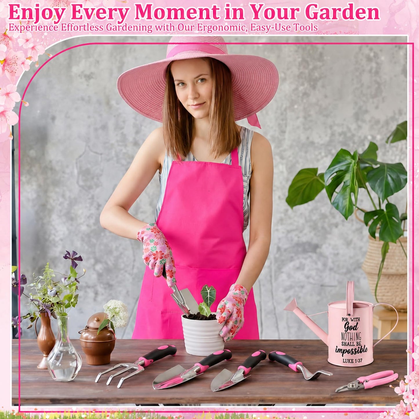 Blueweenly 9 Pcs Watering Can Garden Tools Kit with Bible Verse Christian Gardening Gifts for Women with Heavy Duty Garden Hand Tools 1.6L Galvanized Metal Can Apron Gloves for Mom Grandma(Pink)