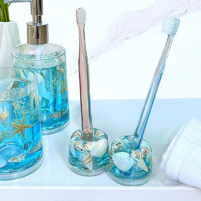 FONMY Mini Couple Toothbrush Holder Stand-Acrylic w/Nature Seashell Handmade Seascape Razor Holders Organizer for Bathroom Vanity Countertops Office Unique Gifts and Home Decoration,Sea Blue,Pack of 2