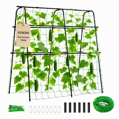Garden Trellis for Climbing Plants Outdoor, 5.3x5.3ft Garden Trellis Climbing Plant Support Plastic-Coated Metal U-Shaped Vine Vegetables Tomato Cucumber Trellis Raised Bed, with Netting, Black