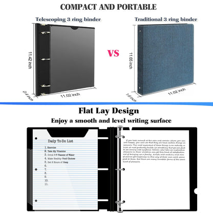 INFUN 1 Inch Telescoping 3 Ring Binder - 6PCS, Flexible Round Binder with Customizable Front Cover and Clear Catalog Pocket, 1Inch Rings, 225 Sheet Capacity-Black