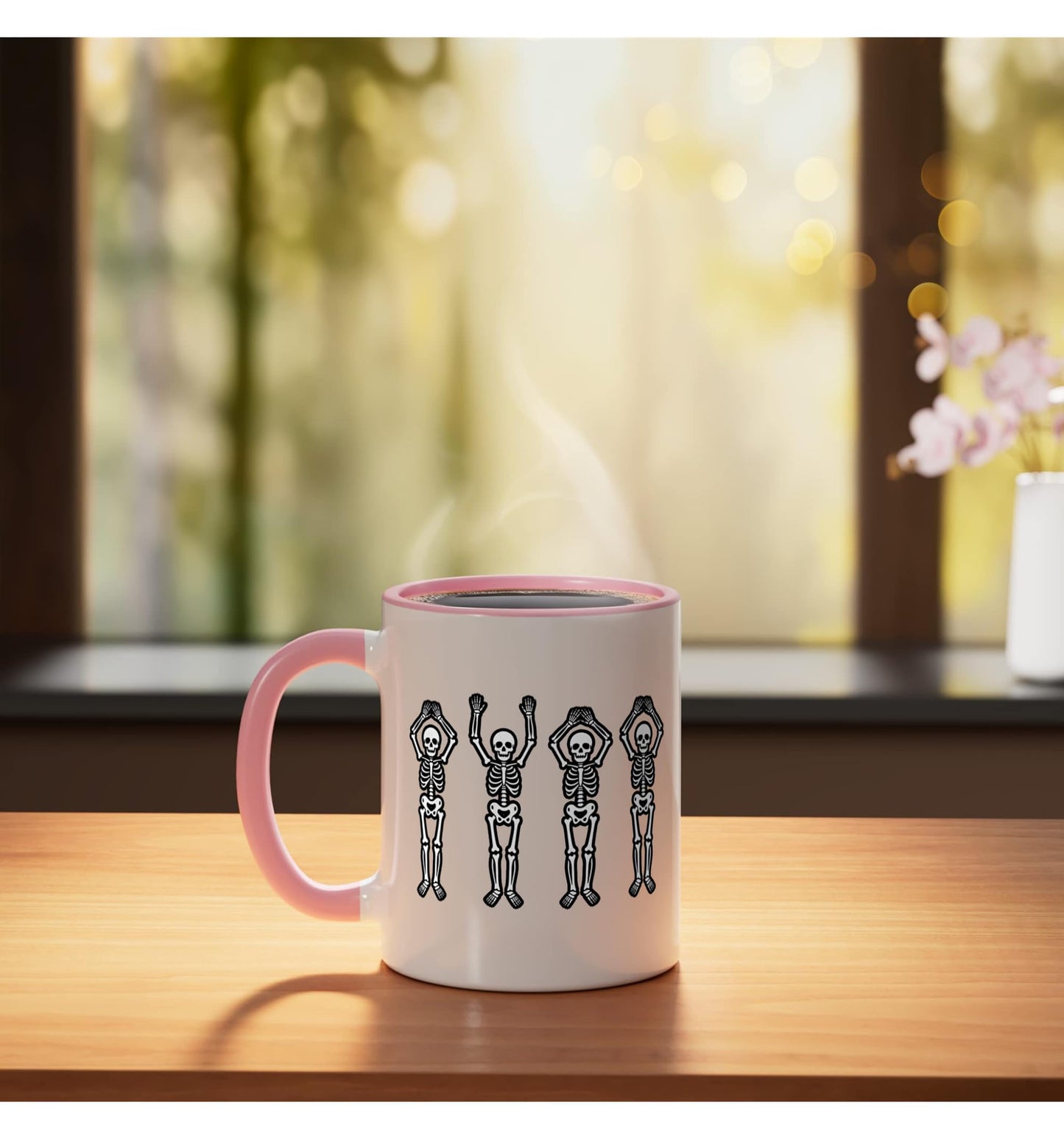 Halloween Dancing Skeletons Row - Funny Spooky Skeletons Ceramic Mug, Pink/White