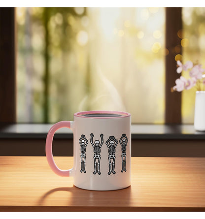 Halloween Dancing Skeletons Row - Funny Spooky Skeletons Ceramic Mug, Pink/White