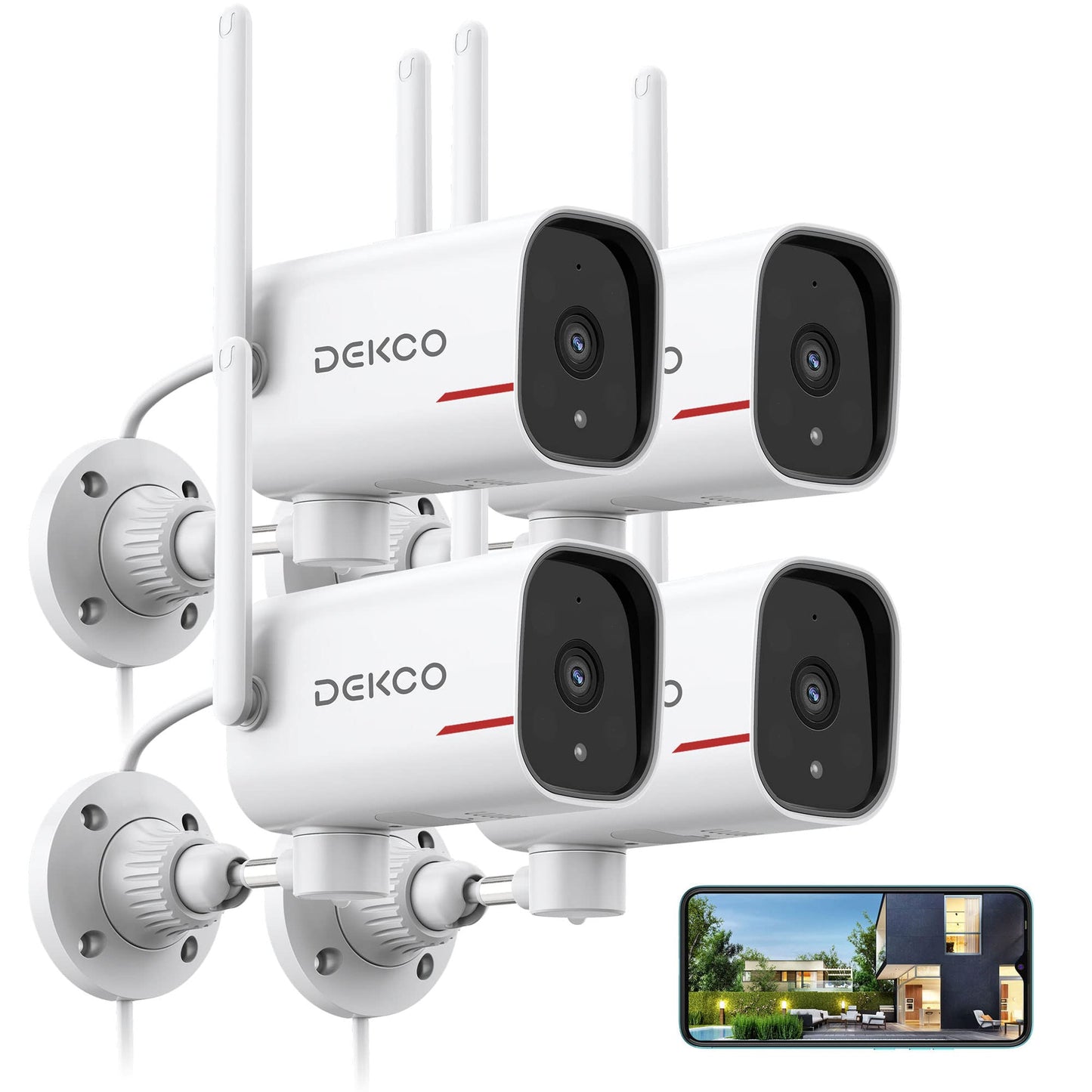DEKCO Outdoor Security Camera 2K Pan Rotating 180° Wired WiFi Cameras for Home Security with Two-Way Audio, Night Vision, 2.4G WiFi, IP65, Motion Detection Alarm (2 Pack)