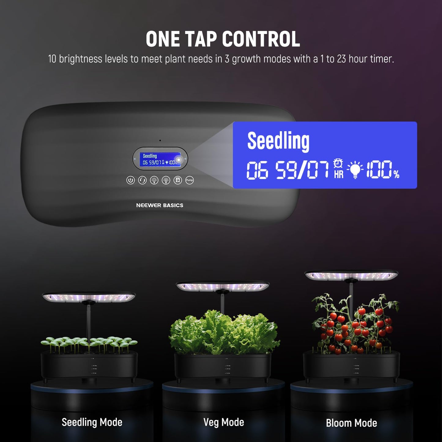 NEEWER Basics Silent Aeroponics Growing System Kit, Hydroponics with Atomization Tech LED Grow Light 3 Modes 15 Seed Pods Timer LCD, Indoor Gardening Plant Food Vegetable Herb Garden Planter, HGS02