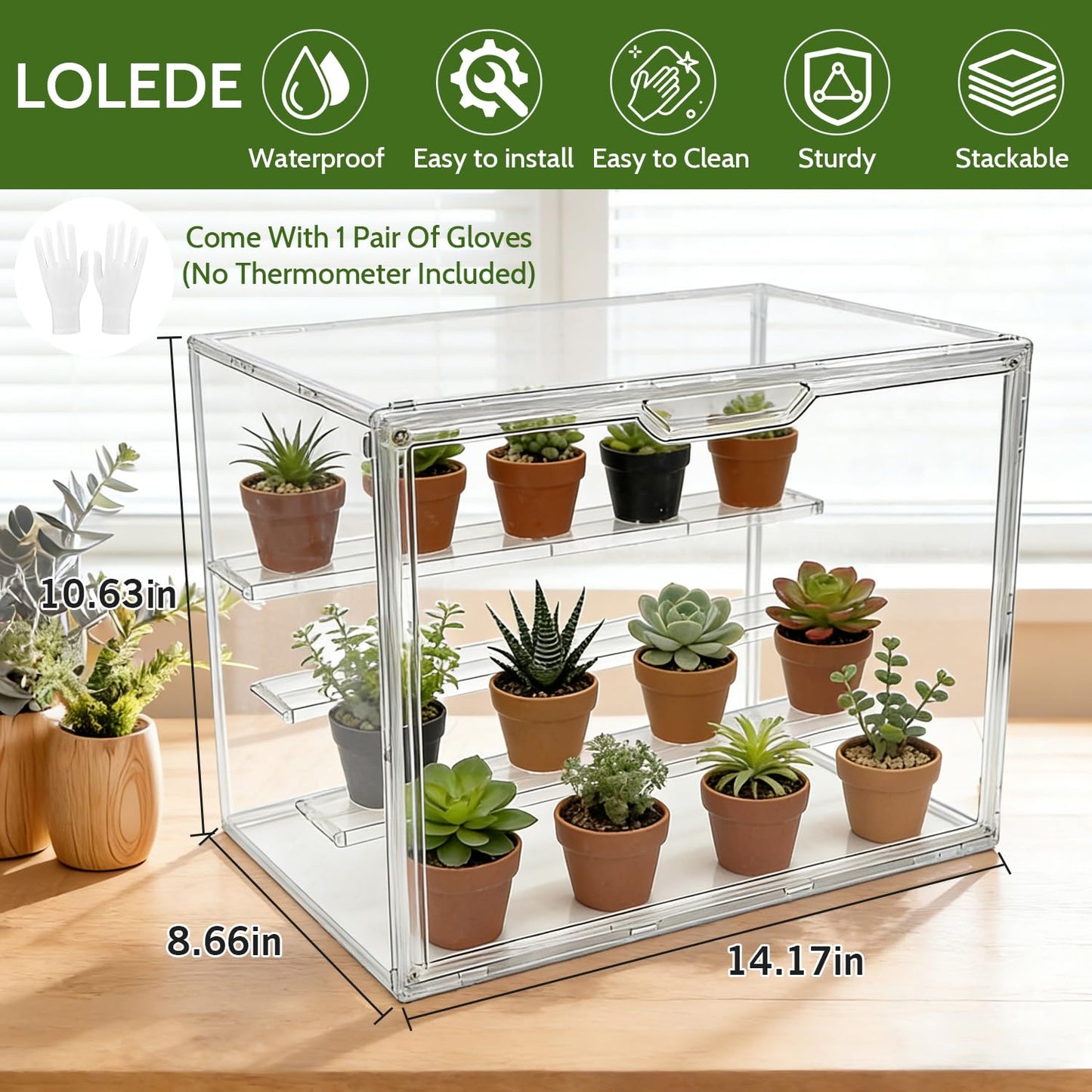 LOLEDE Clear Acrylic Mini Greenhouse Indoor, Small Stackable Tabletop Portable Acrylic Green House with Magnetic Door for Plant Seed Germination, Home Gardening Display,etc. (14.2x8.7x10.6in, 1 Pack)