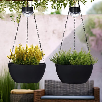 SUNNYPARK 2 Packs Hanging Planters Basket for Outdoor Plants, Solar Powered Self Watering Black Round Plastic Flower Pots with Drainer for Balcony Patio Garden Outdoor Decoration