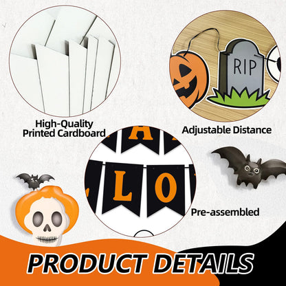Happy Halloween Banner Garland – Black and Orange Hanging Decoration with Pumpkins, Ghost, Skull, Cat, Witch Hat, Bat, and Spider for Halloween Party, Classroom, Home, Wall, and Photo Booth Decor