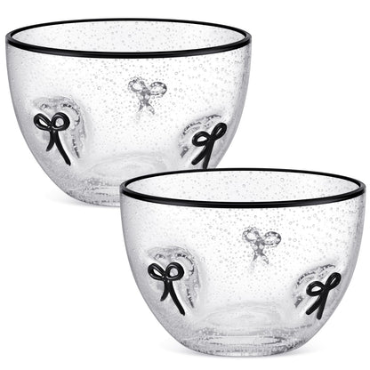 Potchen 2 Pcs Bow Glass Bowls, 14 Oz Decorative Glass Dessert Bowls with Black Bow Design Coquette Room Decor Aesthetic Candy Fruit Serving Bowl for Vanity Coffee Table Kitchen Counter