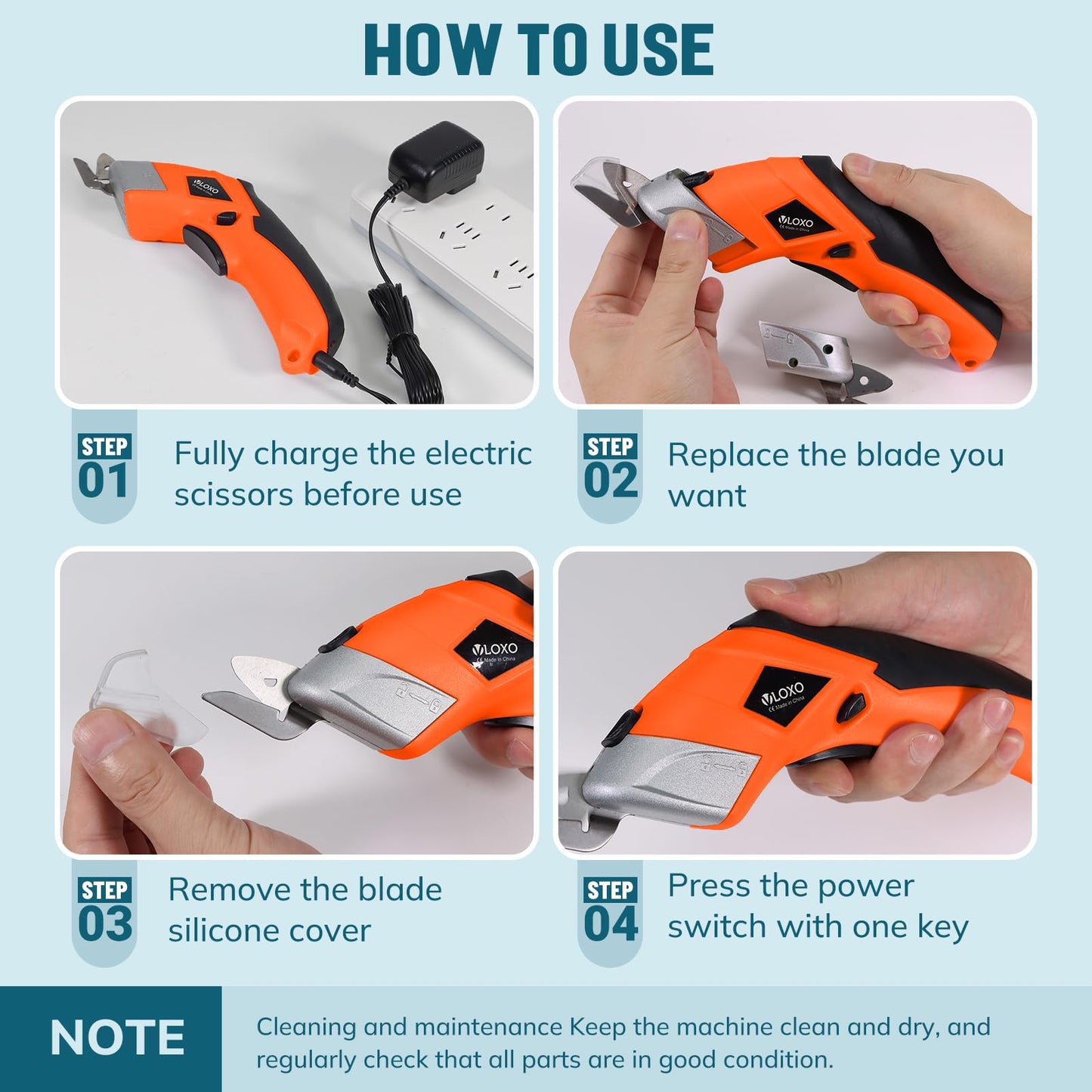 VLOXO Cordless Electric Scissors, Cardboard Cutter Super Scissors Box Cutter with Blades Rechargeable Powerful Fabric Tool for Crafts Leather Carpet Plastic Felt Include Case Orange CS4001