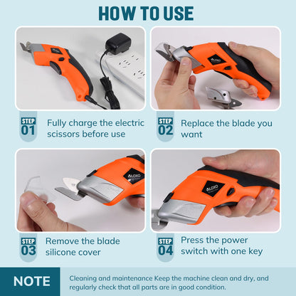 VLOXO Cordless Electric Scissors, Cardboard Cutter Super Scissors Box Cutter with Blades Rechargeable Powerful Fabric Tool for Crafts Leather Carpet Plastic Felt Include Case Orange CS4001