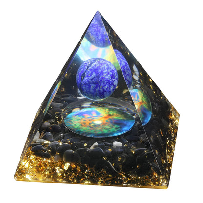 mookaitedecor Lapis Lazuli Crystal Sphere Orgone Pyramid with Obsidian Tumbled Stones and Tree of Life Symbol Orgonite Energy Generator for Protection Meditation Home Decor