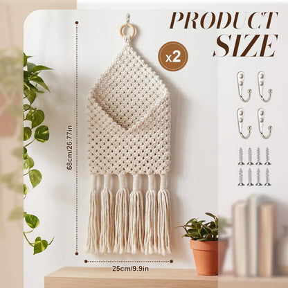 Marspark 2 Pack Boho Mail Holder for Wall, Handwoven Mail Organizer with Hooks, Cotton Rope Hanging Basket for Letters, Keys and Small Items for Entryway Home Office Hallway Decor, White