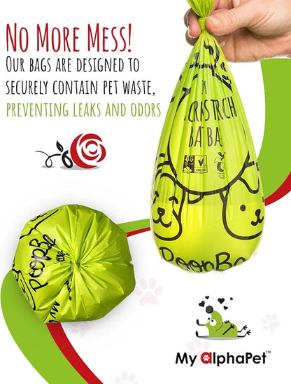 Compostable Dog Poop Bags, Cornstarch Eco-Friendly, HOME COMPOST NF T 51-800, 240 Count, Large Size Bag 9x13 Inches, 16 Unscented Refill Rolls, Leak-proof, Plantbased, GM-Free Corn (Green)