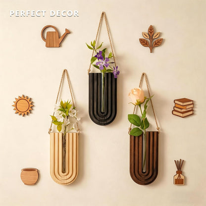 CDJZDGD Wood Wall Planter Set of 3, Propagation Station with Glass Tubes, Boho Wall Decor Hanging Vase for Dried Flowers, Farmhouse Wooden Plant Holder for Living Room Bedroom, Rainbow U-Shaped