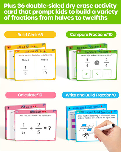 D-FantiX Wooden Fraction Educational Puzzle, Wood Fraction Tiles & Fraction Circles Set, Math Manipulatives for Elementary School, Montessori Fraction Manipulatives Games Learning Toys for Kids