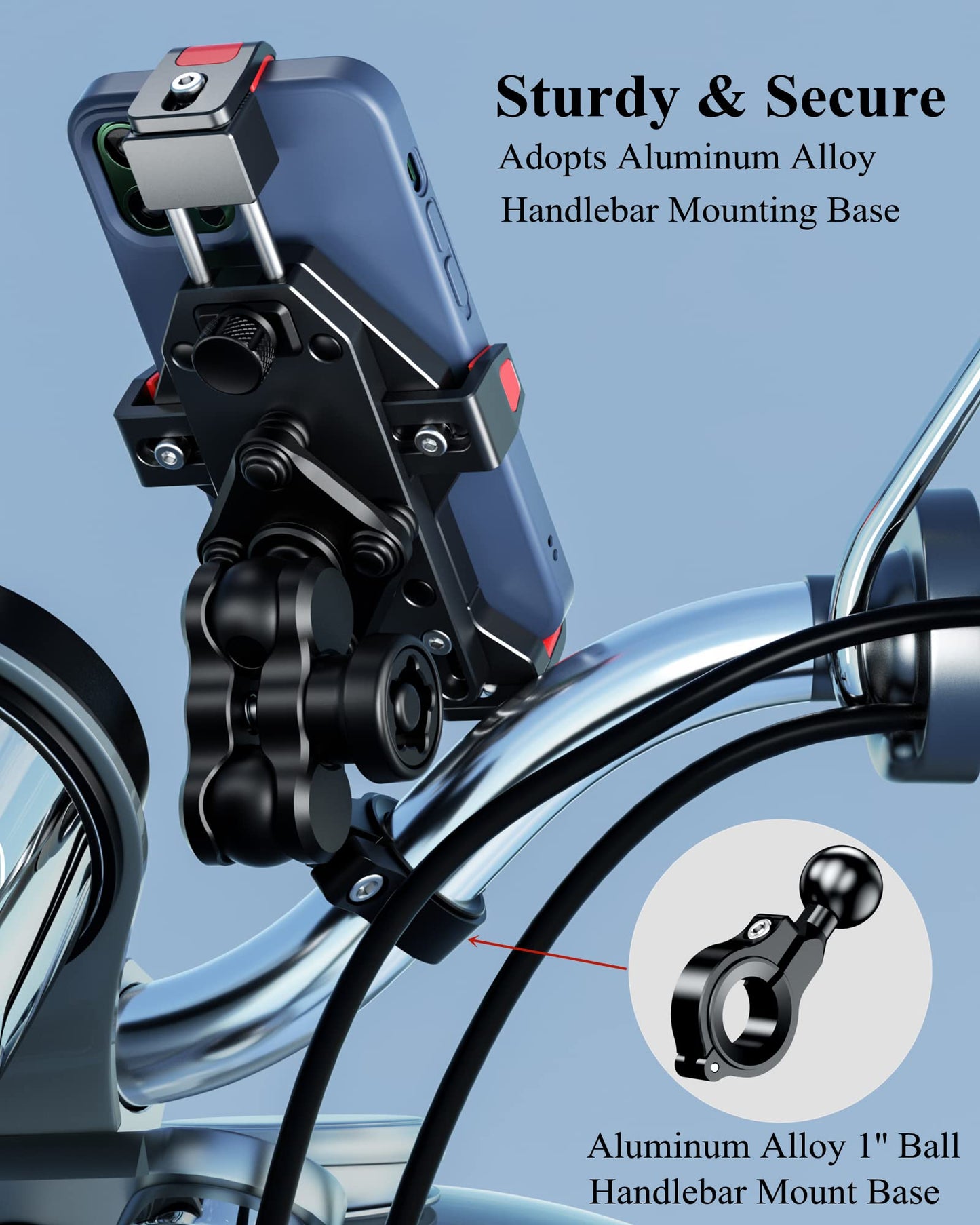 BRCOVAN Anti-Theft Aluminum Alloy Motorcycle Phone Mount with Vibration Dampener & High-Speed Secure Lock, Adjustable Bike Handlebar Cellphone Holder for Bicycle Scooter ATV, Fit 4.7-7.2'' Smartphone