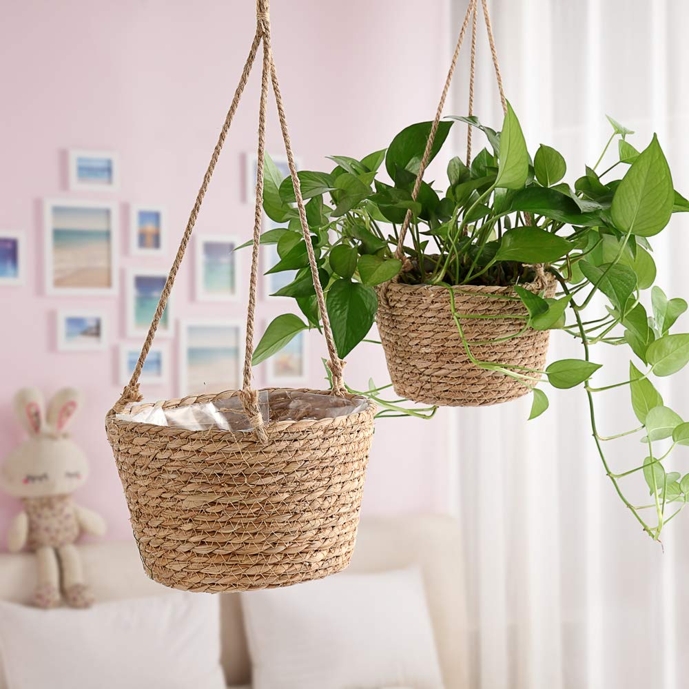 HAOHIZE Hanging Planters for Indoor Plants, Hanging Planter with Jute Rope Woven Hanging Flower Pots Hanging Plant Holder Hanging Basket Retro Style Straw Basket for Office Party (1 Pack)