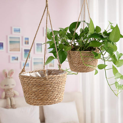 HAOHIZE Hanging Planters for Indoor Plants, Hanging Planter with Jute Rope Woven Hanging Flower Pots Hanging Plant Holder Hanging Basket Retro Style Straw Basket for Office Party (1 Pack)