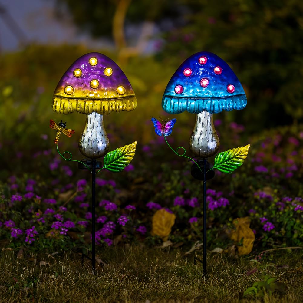 Venniy Solar Mushroom Lights for Outside 2 Pack，Mushroom Solar Lights Outdoor Metal Stakes Decorate Garden,Path,Backyard,Flower Bed,Pathway,Lawn