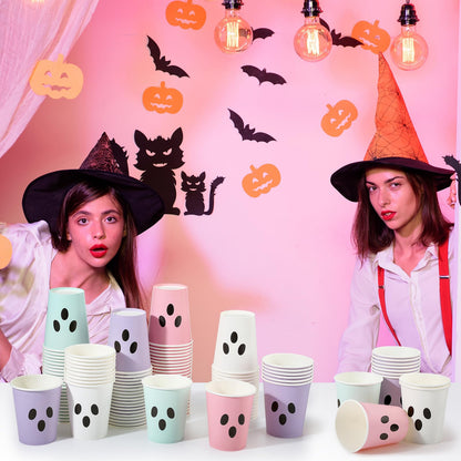Jingmore 100 Count Summer Halloween Paper Cups 9 oz Disposable Hot/cold Beverage Drinking Cups for Girly Pastel Halloween Party Supplies Decoration(Ghost Face)