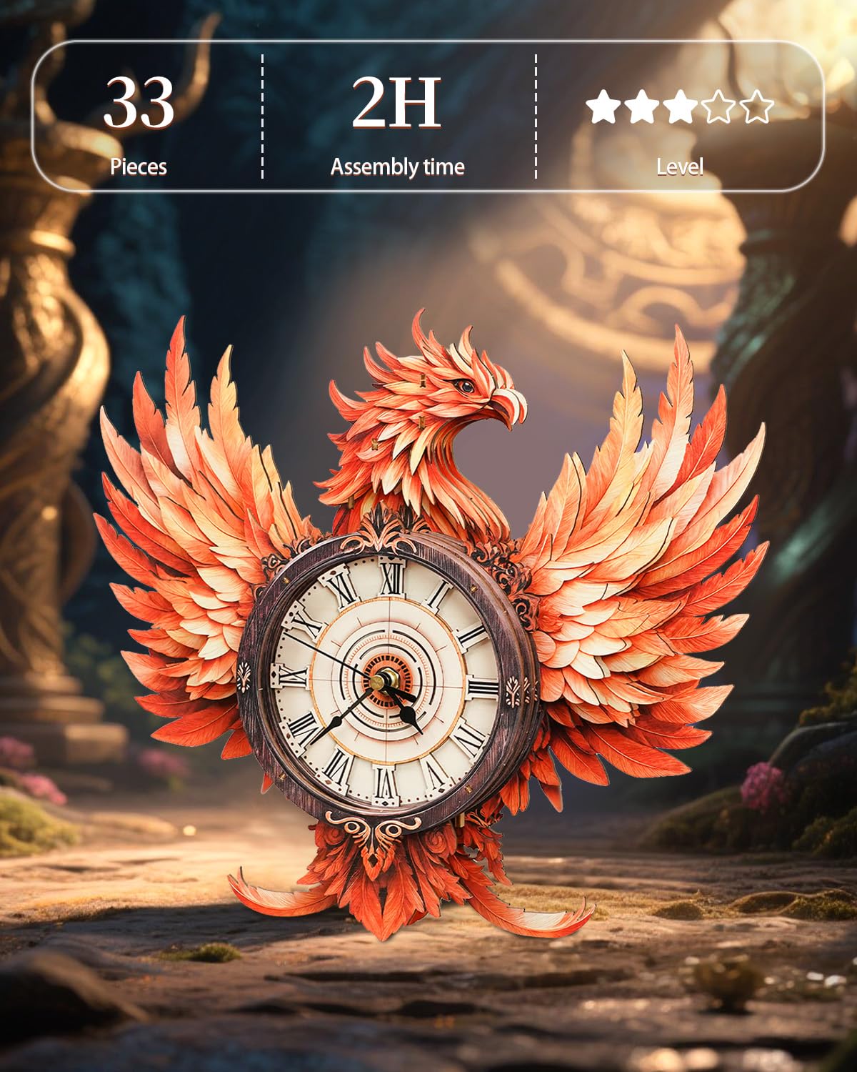 Rnfinewow 3D Wooden Puzzles for Adults, 3D Puzzle Fire Phoenix Clock Kit (with Pendulum), 3D Puzzles for Adults Teens Home Wall Decor Clock Puzzle Gifts for Adult