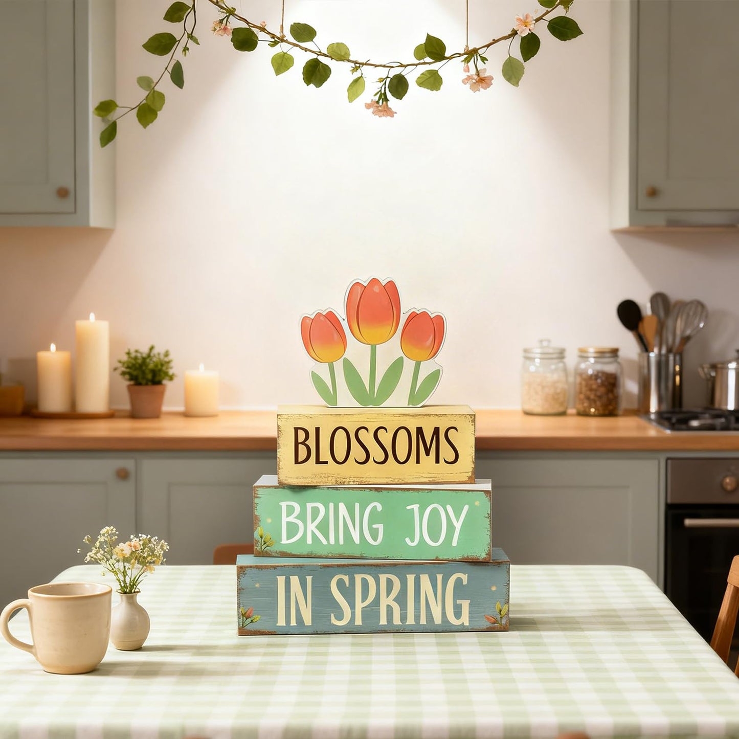 Spring Decoration Wooden Tiered Tray Decor – Tulip Blossoms Spring Stacked Block Sign with Floral Accent – Farmhouse Tabletop Spring Decor for Shelf Mantel Seasonal Home Display