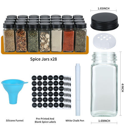 Skiileor Spice Rack Organizer with 28 Spice Jars, Black Lids，Spice Labels, Chalk pen and Funnel Set for Cabinet, Countertop, Pantry, Cupboard or Wall Mount
