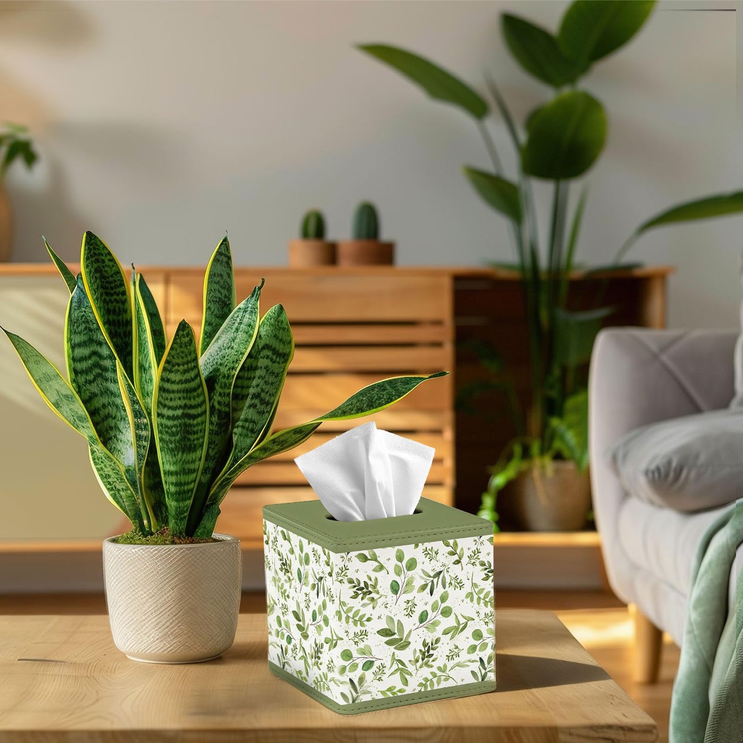JarThenaAMCS Spring Greenery Tissue Box Cover with Magnetic Closure PU Leather Tissue Holder Green Leaves Square Napkin Box for Home Office Bedroom Countertop Decor