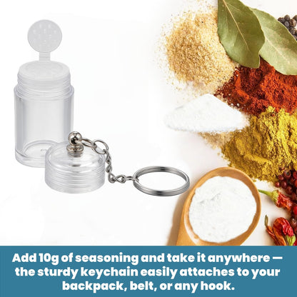 Mini Salt Keychain Bottle – Refillable AS Travel Salt Shaker – Portable Spice Jar with 2 Stickers – Small Key Chain Shaker for Camping, Office, Picnics, Lunchboxes