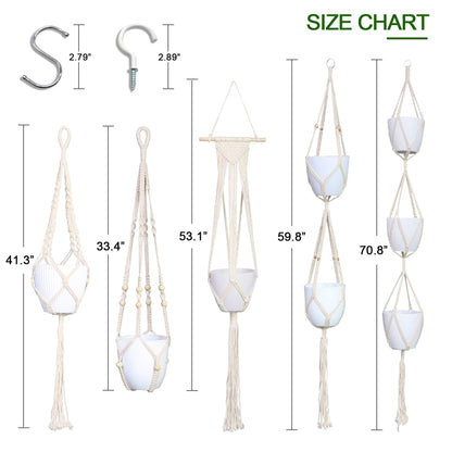 IGaiety Macrame Plant Hanger 5 Pcs Indoor Outdoor Hanging Plant Holders Handmade Plant Hangers Cotton Rope Planters with 5 Pcs Ceiling and S Hooks for Small Plants Pots Boho Home Decor