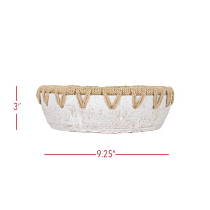 Foreside Home and Garden 3" x 9.25" Landon Decorative White Terracotta Greenery Planter Pot Bowl w/Woven Geometric Jute Rim Home Boho Rustic Style Natural Accent Piece Faux Artificial Plant Decor