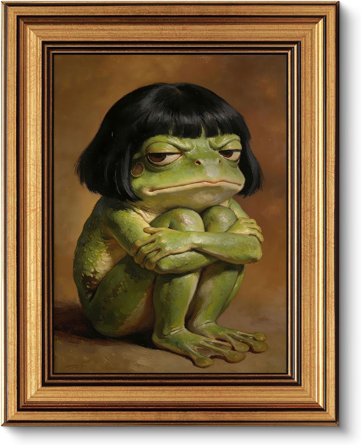 Gold Framed Wall Art, Funny Frog Canvas Prints – Whimsical Moody Frog Pictures Decor, Eclectic Cute Animal Artwork for Bedroom Living Room Dorm 9x11 inch