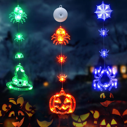 suddus 3 Pack Halloween Lights Battery Operated with Timer, Orange Pumpkin Violet Spider Green Witch Hat Halloween Decor Window Lights with Suction Cup for Home Indoor Party Decorations