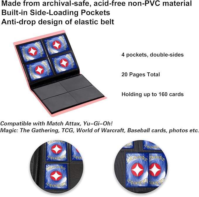 GEAoffice Trading Card Binder - 4 Pocket Card Collection Album Folder - 160 Side Loading Pocket Binder for TCG, MTG, Sports&Game Cards - Gifts for Girls