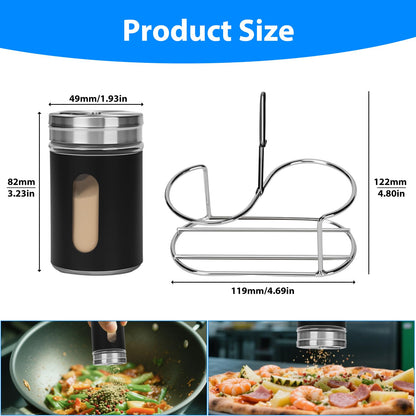 Glass Salt and Pepper Shaker Set with Seasoning Rack, Spice Rack, Adjustable Pour Hole Stainless Steel Lid, 2.8 oz, Spice Dispenser for Salt, Pepper, Spice Preservation (black)
