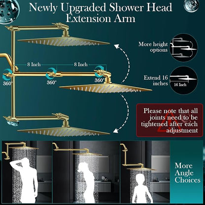 12'' Gold Rain Shower Head, High Pressure Rainfall Shower Head with 16 inch Adjustable Extension Arm，Flexible Adjust Height and Angle, 5 Setting Spray Handheld Shower Head, Anti-leak