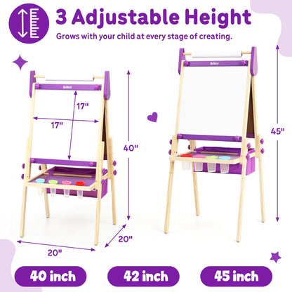 Belleur All-in-One Art Easel for Kids, Adjustable Double Sided Easel for Toddlers with Magnetic Whiteboard & Dry-Erase Chalk Board & Paper Roll, Child Painting Easel for Kid 2-8 Birthday Gift-Purple