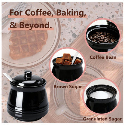 Fcreimd Sugar Bowl Ceramic Sugar Jar, Sucrier 12 oz Sugar Container with Lid and Spoon (Black)
