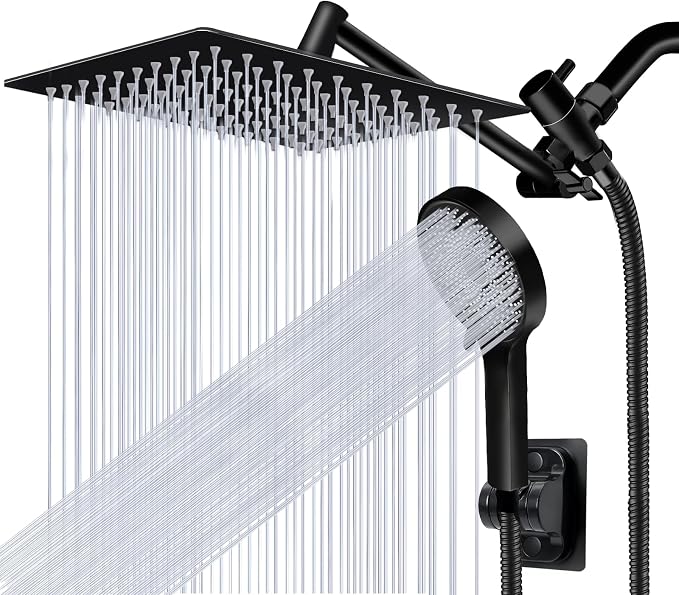 Shower Head,10”Rain Shower Head with Handheld Spray Combo with 11'' Angle Adjustable Extension Arm/Flow Regulator/Shower System,High Pressure Rainfall Shower Head Clean Bathroom,Matt Black