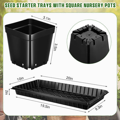 Barydat 6 Set Seed Starter Trays with 108 Pcs Square Nursery Pots 20 x 10 Inch Microgreens Plant Growing Large Seed Starting Trays Square Plant Pot for Seedlings Indoor Gardening or Hydroponic