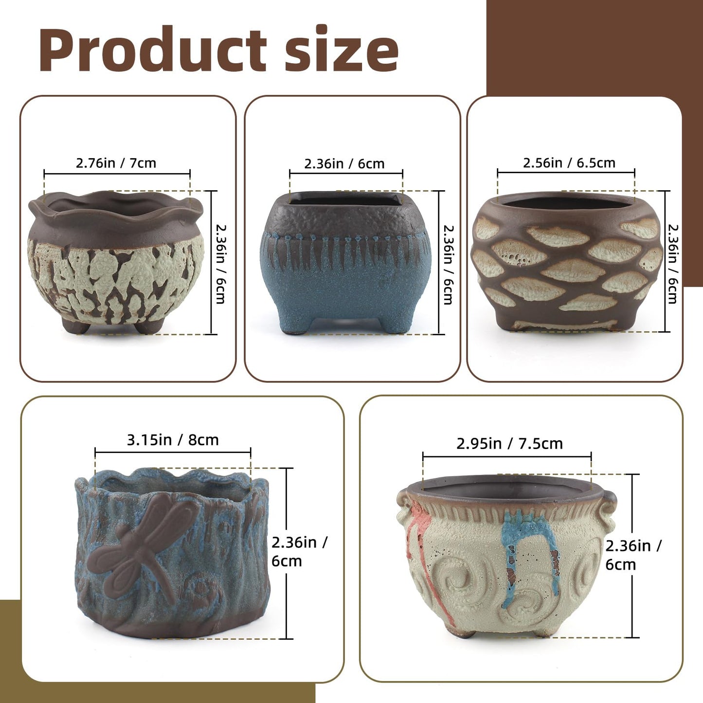 ginojex Ceramic Garden Pots Succulent Plant Planter Container with Drainage Set of 5 Small for Home Office Decor