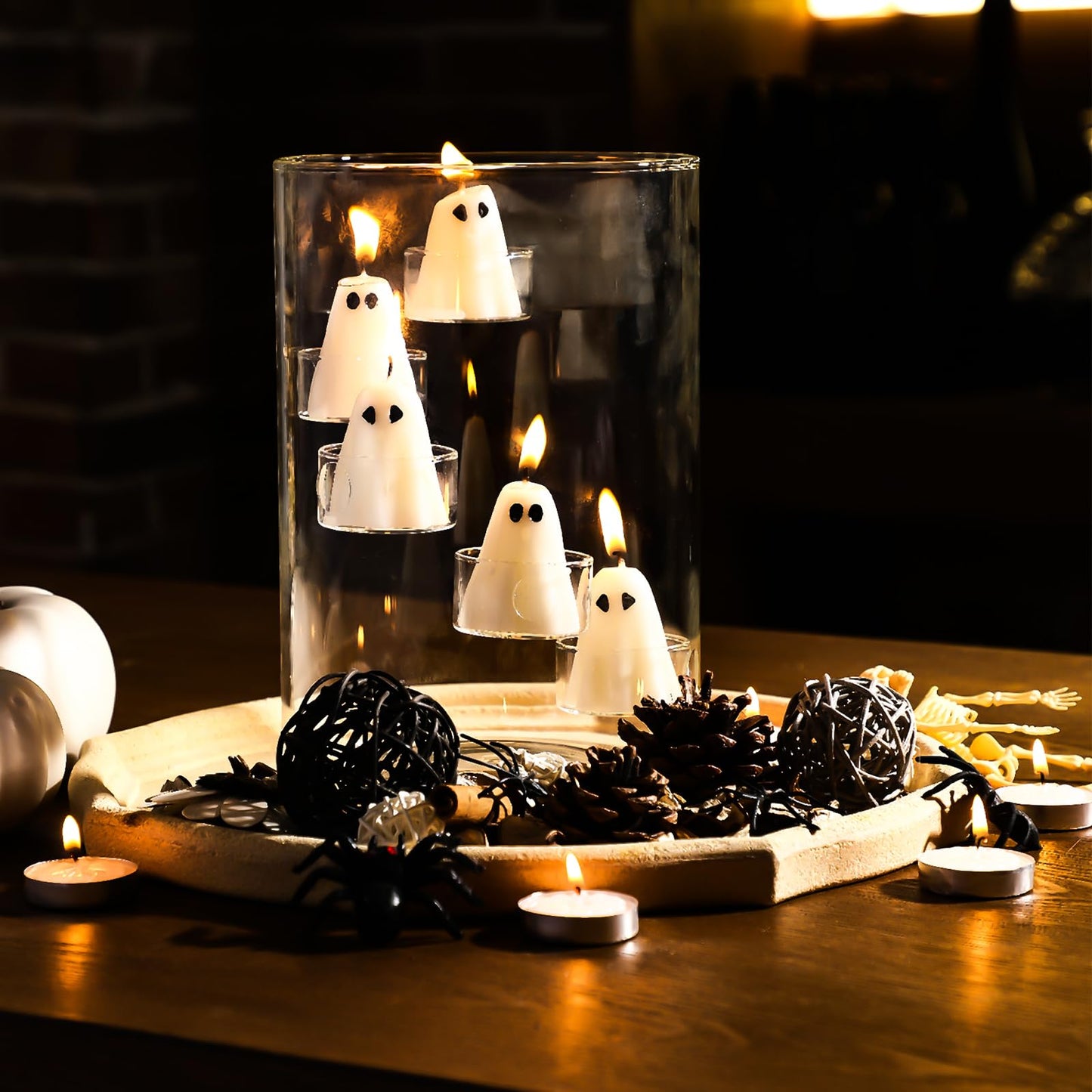 Reallnaive Halloween Glass Hurricane Candle Holder with Candles and Tea Light Clear Cylinder Pillar Candle Holder for Halloween Table Centerpiece Decorations (13 Candles,Single Style)